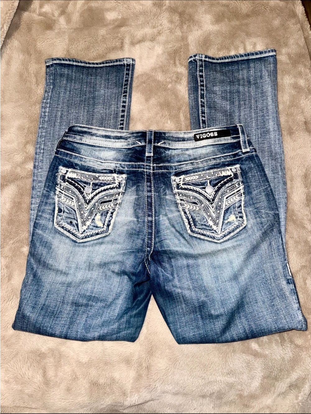Vigoss Women's Faded Blue Distressed Bootcut Jeans with Embellished Back Pockets